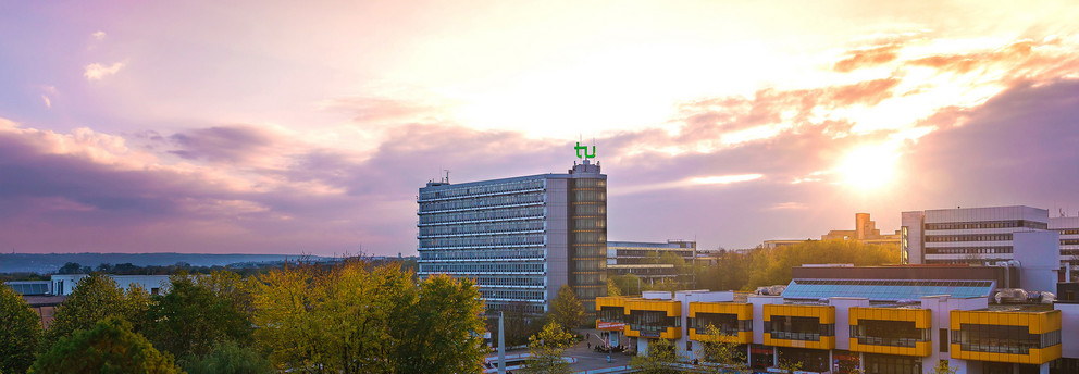 North Campus of TU Dortmund University with Math Tower at dusk.